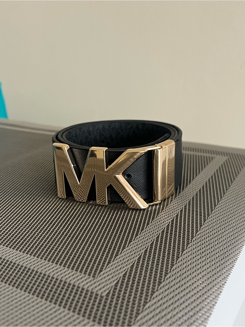 Michael Kors Black Leather Belt with Gold MK Logo Buckle
